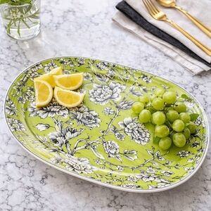 222 Fifth Adelaide Green Floral Platter 14x10 Porcelain Serving Tray